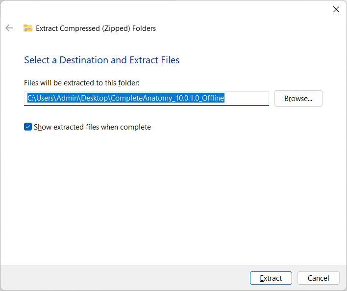 Show extracted files is selected